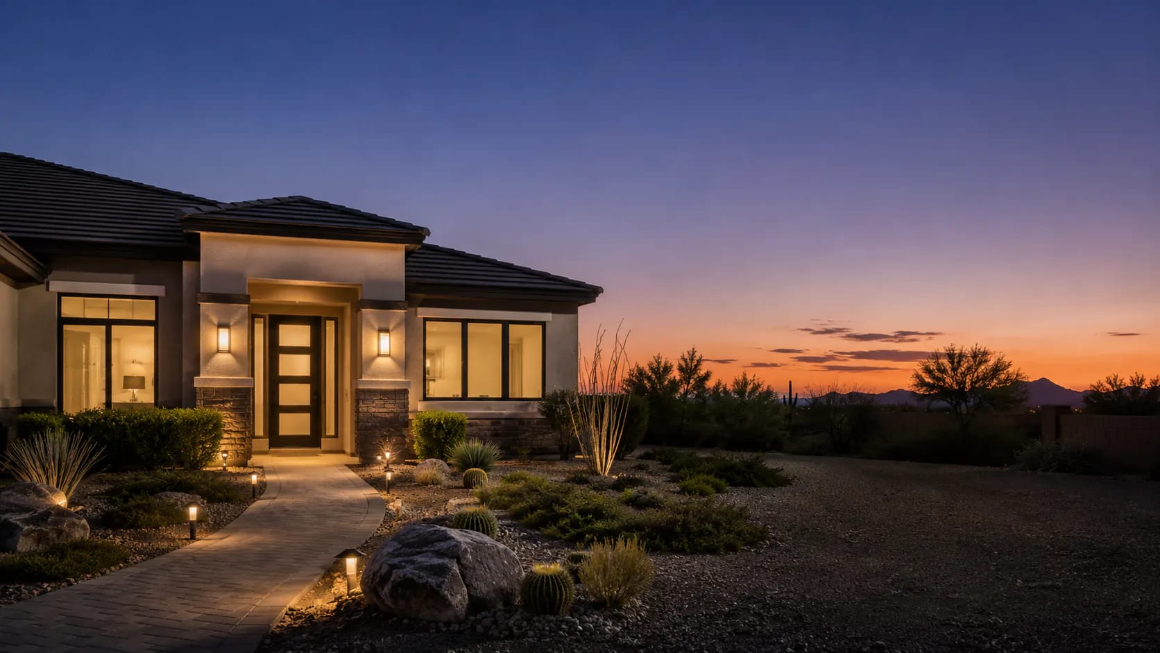 Warmly lit Arizona home at dusk