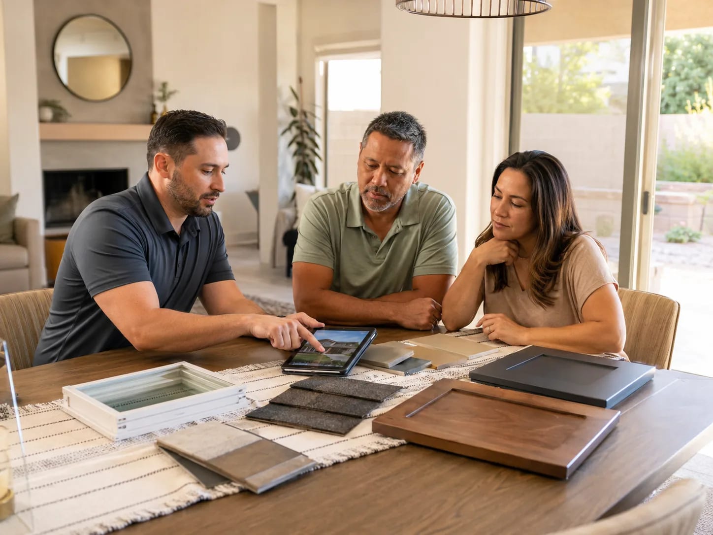 Homeowners reviewing exterior remodeling options with a consultant